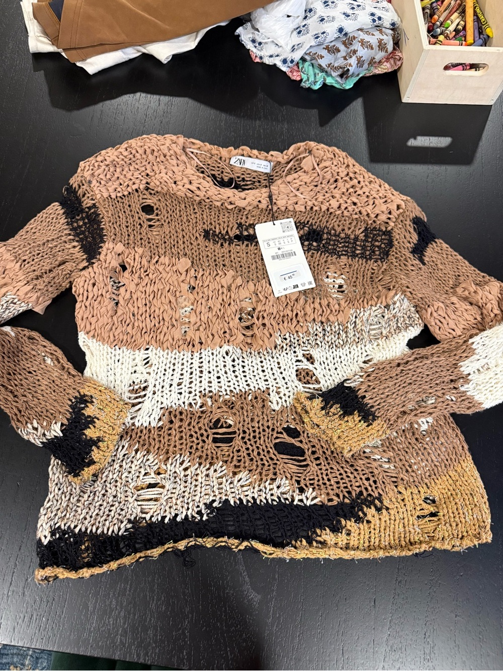 Zara Multi-Stripe Distressed Open-Knit Sweater in Taupe, White & Black